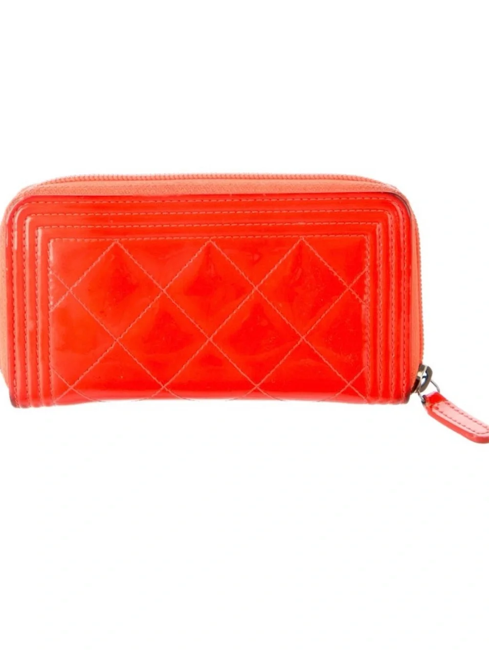 CHANEL Quilted Patent Zip Wallet in Bright Orange